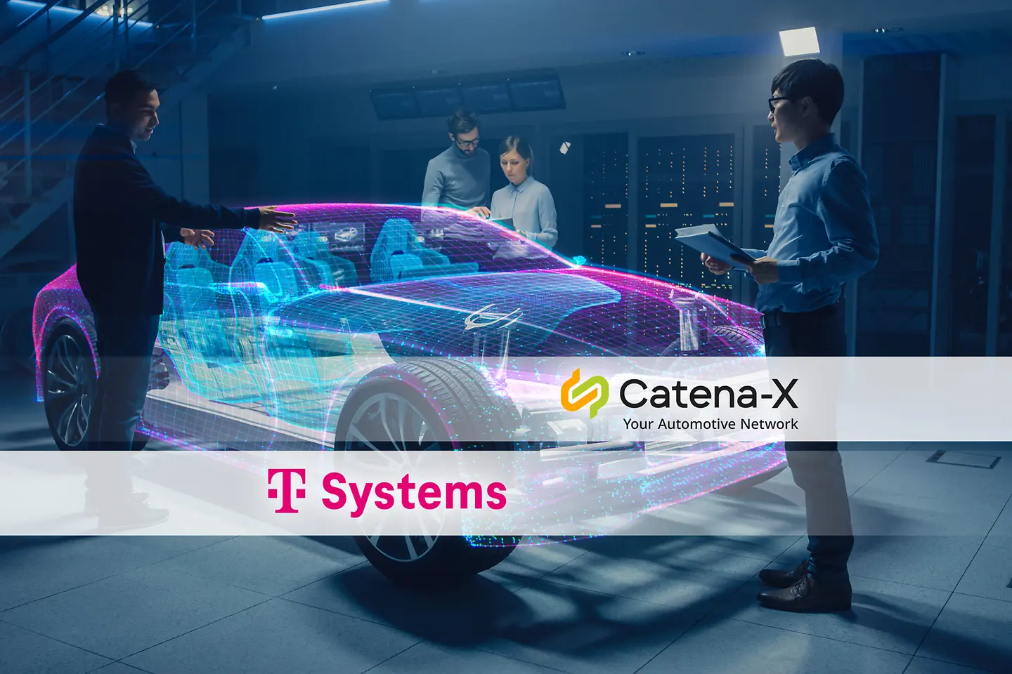 Ingenieure blicken auf ein Digitalmodell eines Autos.